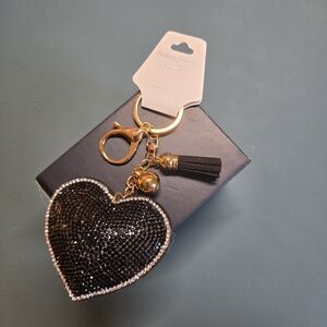 Black Heart Rhinestone Bag Charm Keychain NWT